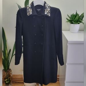 Bebe Black Wool Double-Breasted Coat with Embellished Collar XXS